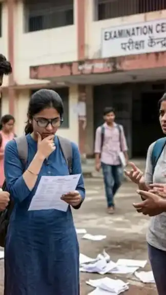 Indian students outside exam center holding admit cards, concerned after NEET UG 2026 cancellation news
