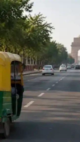 Delhi-NCR transport strike featuring a traditional Delhi auto rickshaw on a city road near India Gate during daytime traffic.