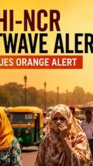Delhi-NCR heatwave alert with empty roads, extreme summer temperature conditions, people protecting themselves from heat, urban skyline under harsh sunlight, realistic weather emergency scene in Delhi India