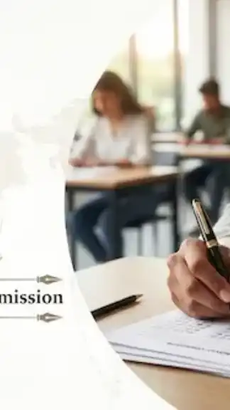 UPSC exam banner featuring the golden Indian national emblem, text, and a student writing an examination in a classroom.
