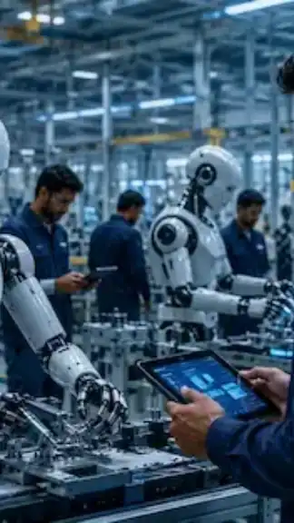 Humanoid AI robots and smart automation systems inside an advanced Indian technology workplace representative image.