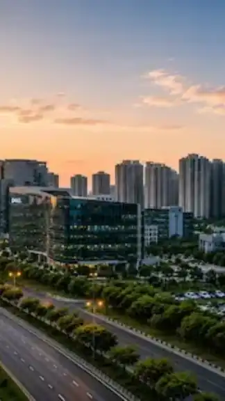Modern skyline of Noida featuring the Noida Expressway, corporate office towers, residential high-rises, and green urban infrastructure during sunset, symbolizing the city’s rapid smart city transformation representative image.
