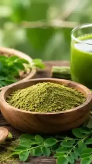 Fresh moringa leaves, moringa powder, and a green herbal drink arranged on a rustic wooden table, highlighting the growing popularity of moringa as a natural Indian superfood.