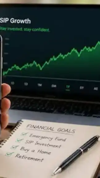 A young professional reviewing SIP investment growth on a smartphone and laptop in a modern workspace, symbolizing disciplined long-term wealth building and financial planning in India Illustrate.
