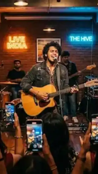 Young independent musicians performing live at a modern urban café concert in India while a youthful audience enjoys acoustic indie music in a warm cinematic atmosphere representative image.