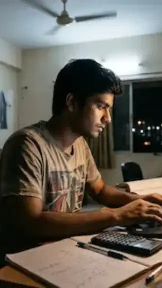 A college student studying late at night in a university hostel room while searching scholarship and financial aid portals on a laptop, symbolizing rising education costs and student financial pressure in India.