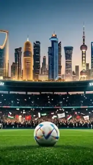 Futuristic football stadium with Middle Eastern and Asian city skylines symbolizing the global shift of football power and investment toward Asia and the Gulf region.