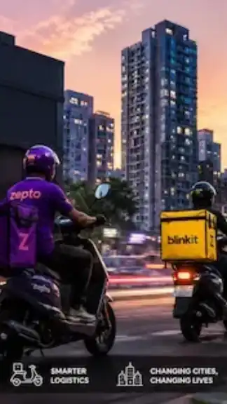 Electric delivery riders outside a modern dark store in an Indian city representing the rise of quick commerce and 10-minute delivery services in urban India.