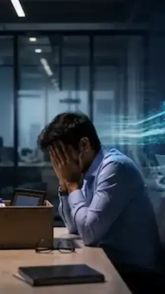 Stressed software employee sitting in a modern office while AI-powered humanoid robots work on computers in the background, symbolizing automation and restructuring in India’s tech industry.