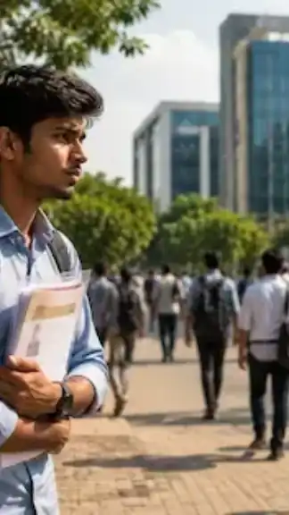 Young engineering graduate holding resumes outside a modern tech park in India, symbolizing the growing employability and fresher job crisis in the technology sector.