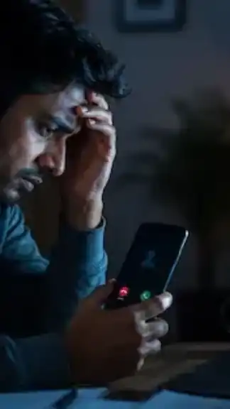 Young Indian smartphone user receiving a suspicious cyber fraud call in a dark indoor setting, symbolizing rising digital scams, online banking fraud, and cybercrime threats in India.
