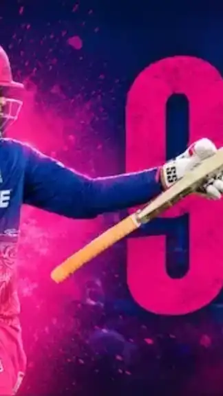 Young Indian IPL batter playing an explosive six-hitting innings during a high-pressure night cricket match in a packed stadium.