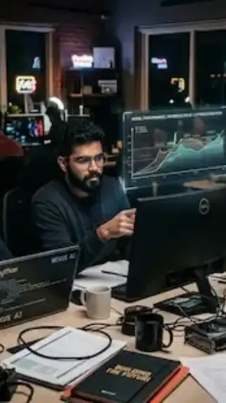 Young Indian startup founders working inside a modern technology coworking space focused on artificial intelligence and software innovation.