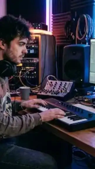 Independent music producer working inside a modern recording studio influenced by social media and short-form music trends illustration.