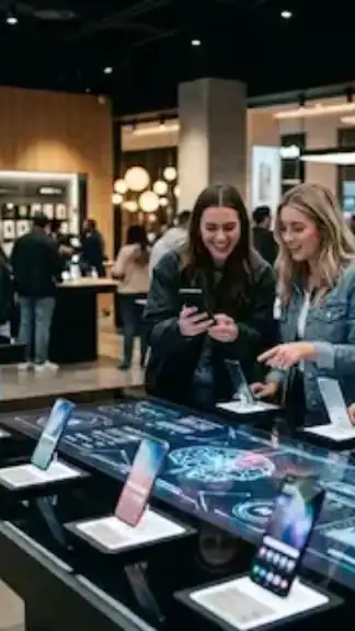 Modern smartphone showroom with consumers exploring premium gadgets and the evolving consumer technology market.