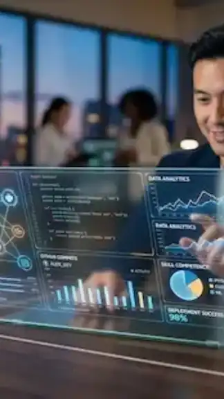 A professional workspace featuring a clean split-screen layout displaying data analytics graphs on one side and a modern code editor on the other.