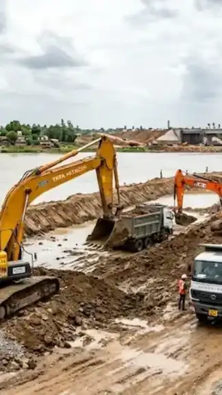 Heavy excavation machinery clearing a wide civic drainage canal in an urban area under the supervision of municipal infrastructure engineers.