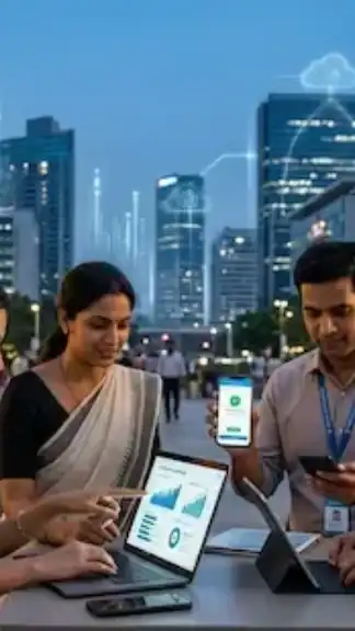Indian professionals and entrepreneurs using digital technology, online payments, and modern business tools in a rapidly growing digital economy.