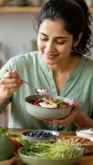Healthy meal preparation with fresh fruits, vegetables and natural foods representing digestive wellness and gut health.