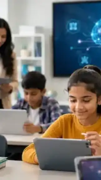 Students using digital learning tools and modern technology in a classroom environment representing the future of AI-powered education.