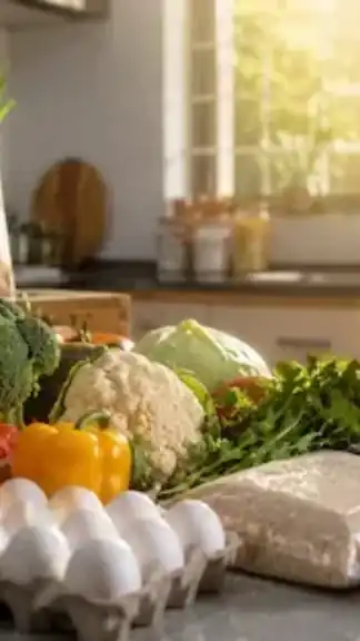 Fresh groceries and vegetables arranged in a clean modern kitchen representing food safety and quality.