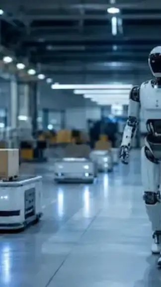 Intelligent autonomous robots operating inside a modern technology-driven industrial environment.