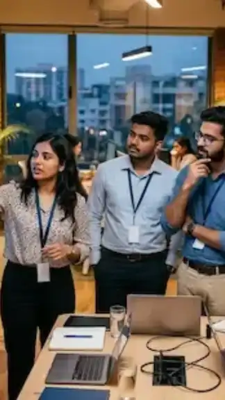 Indian startup founders and engineers discussing growth strategy inside a modern technology workspace representative image.