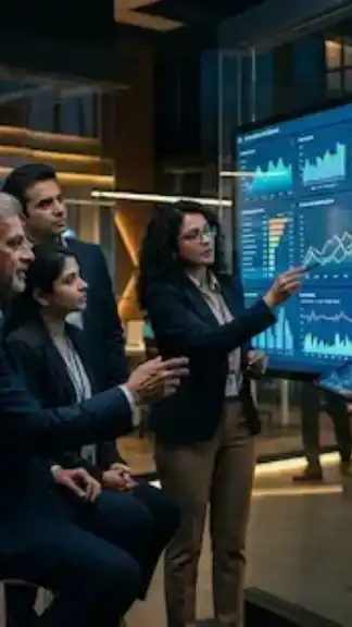 Corporate executives and engineers reviewing AI-powered business analytics inside a modern technology office.