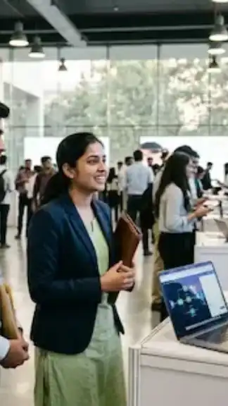 Young Indian graduates attending an AI-focused technology recruitment event in a modern corporate environment.