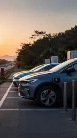 Electric vehicle charging station operating beside a modern expressway in Maharashtra during evening travel hours.