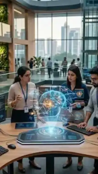 Engineers and AI researchers working inside a futuristic Indian technology and innovation workspace.