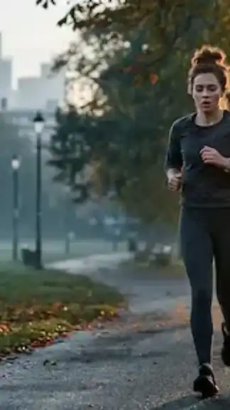 Young professional jogging in an urban park at sunrise while trying to improve fitness and health in modern city life.