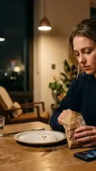 Young office worker feeling hungry late at night despite recently eating dinner in a modern urban apartment representative image.