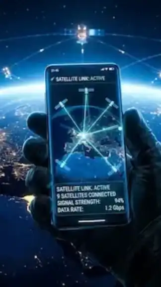 Futuristic smartphone connected to low-Earth orbit communication satellites symbolizing next-generation satellite mobile networks. Image Representative