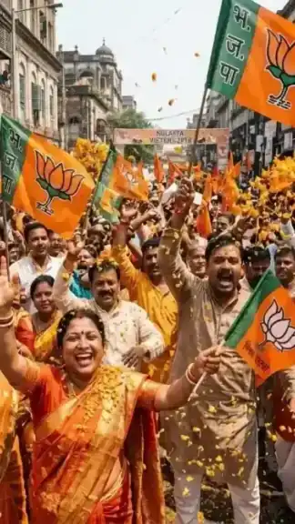 BJP supporters celebrating the historic victory in the West Bengal 2026 Assembly Elections in Kolkata. Representative Image