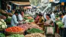 Indian economy inflation concept with vegetables and shopper in local market