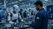 Humanoid AI robots and smart automation systems inside an advanced Indian technology workplace representative image.