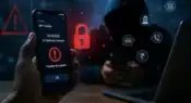 A smartphone displaying a suspicious UPI transaction warning while a hooded cybercriminal operates a laptop in the background, symbolizing the rising threat of digital banking fraud and online financial scams in India representative image.