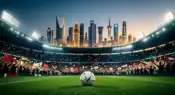 Futuristic football stadium with Middle Eastern and Asian city skylines symbolizing the global shift of football power and investment toward Asia and the Gulf region.