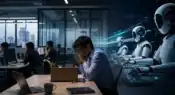 Stressed software employee sitting in a modern office while AI-powered humanoid robots work on computers in the background, symbolizing automation and restructuring in India’s tech industry.