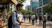 Young engineering graduate holding resumes outside a modern tech park in India, symbolizing the growing employability and fresher job crisis in the technology sector.