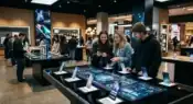 Modern smartphone showroom with consumers exploring premium gadgets and the evolving consumer technology market.