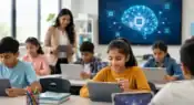 Students using digital learning tools and modern technology in a classroom environment representing the future of AI-powered education.