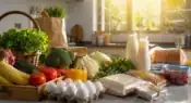 Fresh groceries and vegetables arranged in a clean modern kitchen representing food safety and quality.