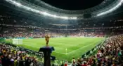 Modern football stadium with a championship trophy representing the FIFA World Cup 2026 tournament.