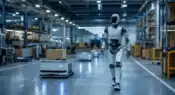Intelligent autonomous robots operating inside a modern technology-driven industrial environment.