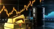 Gold bars and crude oil barrel representing rising commodity market prices amid global economic uncertainty.