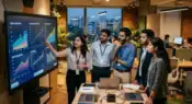 Indian startup founders and engineers discussing growth strategy inside a modern technology workspace representative image.