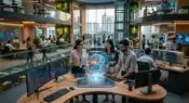 Engineers and AI researchers working inside a futuristic Indian technology and innovation workspace.