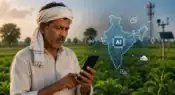 India AI Mission showing a rural farmer using a Marathi AI voice assistant alongside India’s regional language artificial intelligence and digital technology infrastructure